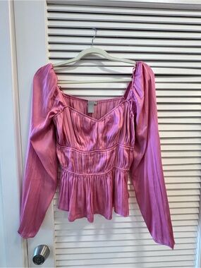 H&M Pink Satin Peplum Blouse with Long Puff Sleeves